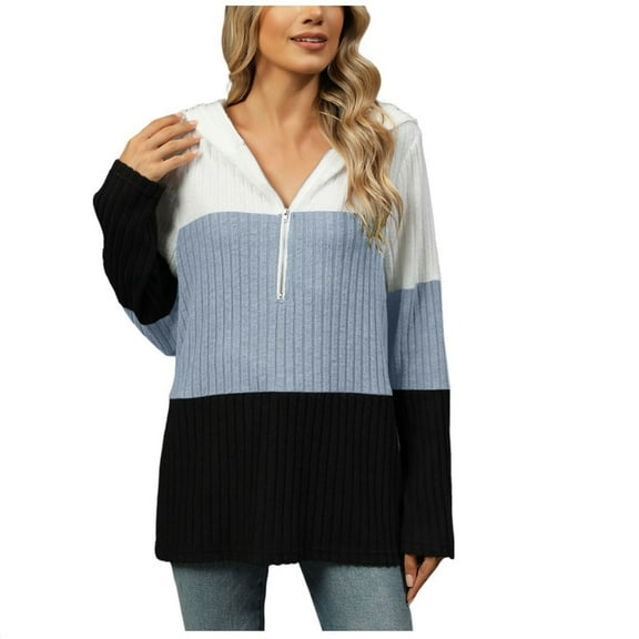 Half Zip Sweatshirts For Women Hooded Color Block Ribbed Pullover Tops Lightweight Casual Fall Winter Trendy Outfit (S, Light Blue)