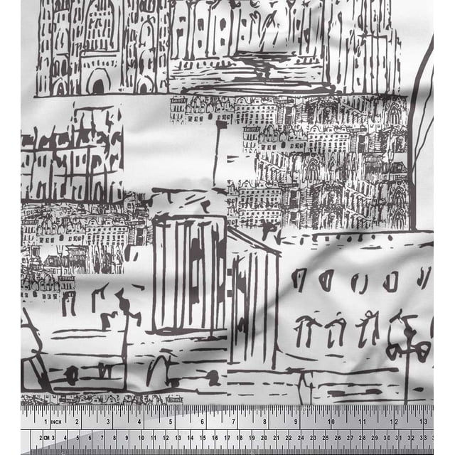 Soimoi White polyester Crepe Fabric London Theme Architectural Printed Fabric 1 Yard 42 Inch Wide