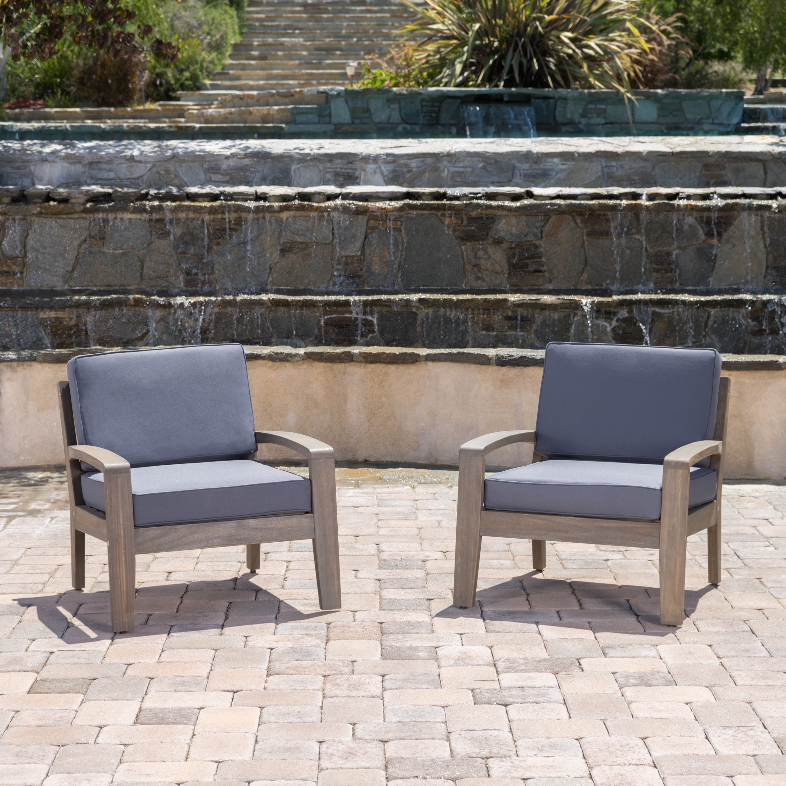 Noble House Cascada Acacia Wood Club Chairs with Cushions, Grey / Dark Grey (Set of 2)