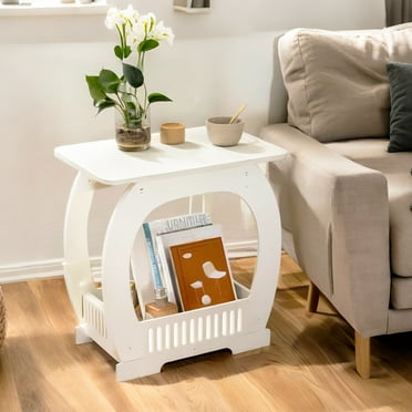 PinkSheep 18" Small Coffee Table End Table Bedside Table Nightstand with Storage Shelf for Living Room Bedroom, White