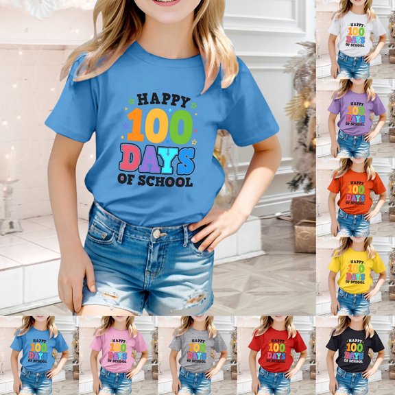 LRen 100 Days Of School Tshirt Kids Funny Letter Print Preppy T Shirt Top Casual Kids Kindergarten Celebration Gifts Tees Tops Back To School Clothes,8-9 Years