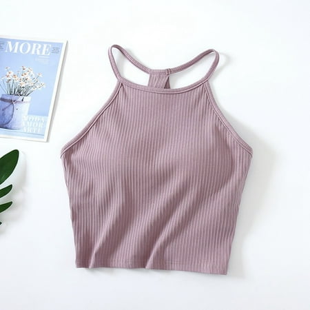 Beach Tank Tops for Women 2025 Vacation Womens Ribbed Tank Top Women s Solid Color Threaded Chest Pad with Navel Strap Hanging Neck with Bra Thin Shoulder Strap Cup and Cup Integrated Sports Top S