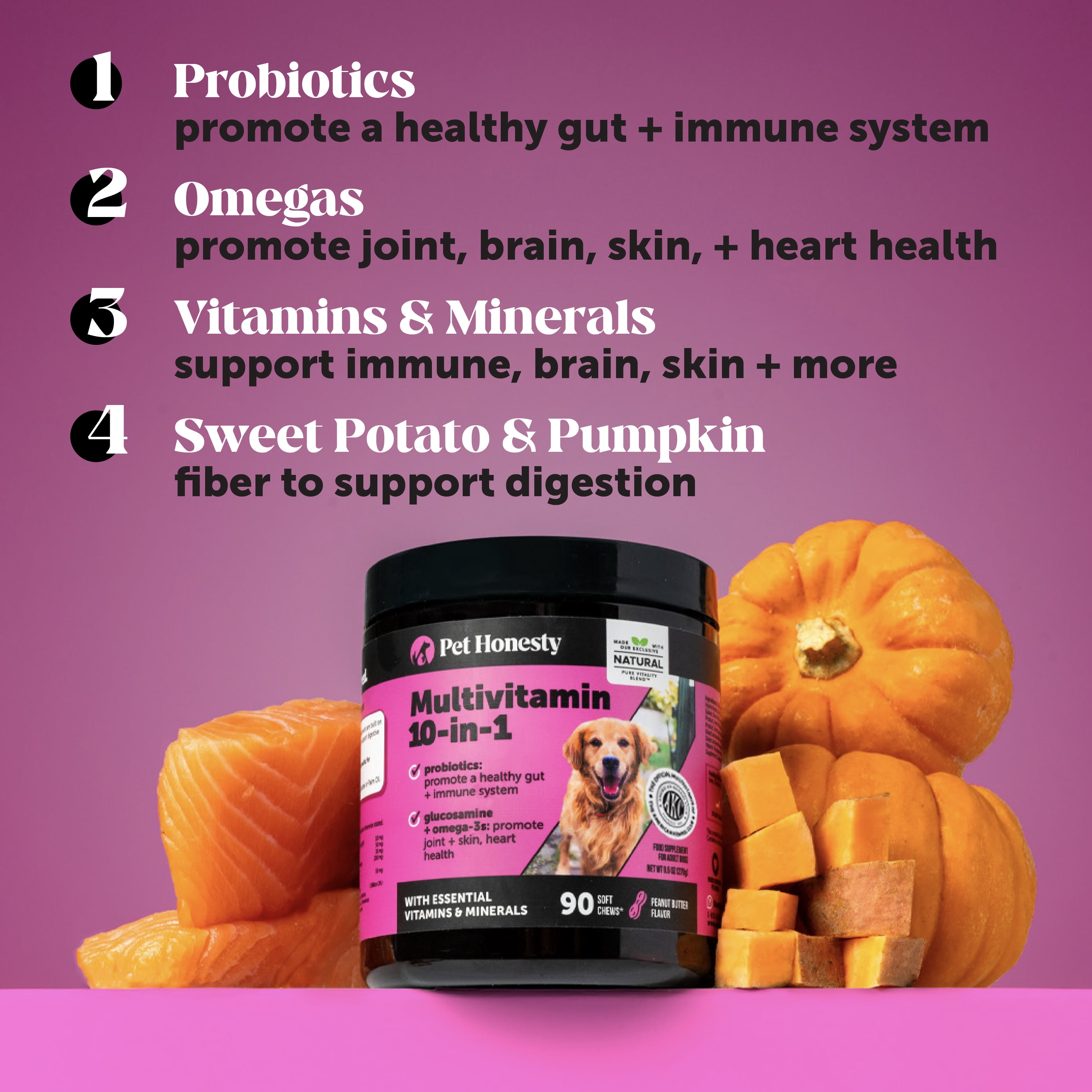 Pet Honesty Dog, 10 in 1 Multivitamin Mobility Immune Skin Coat Support Supplement w Glucosamine Probiotics and Omegas, Chicken Flavor, 60 Count Soft Chews
