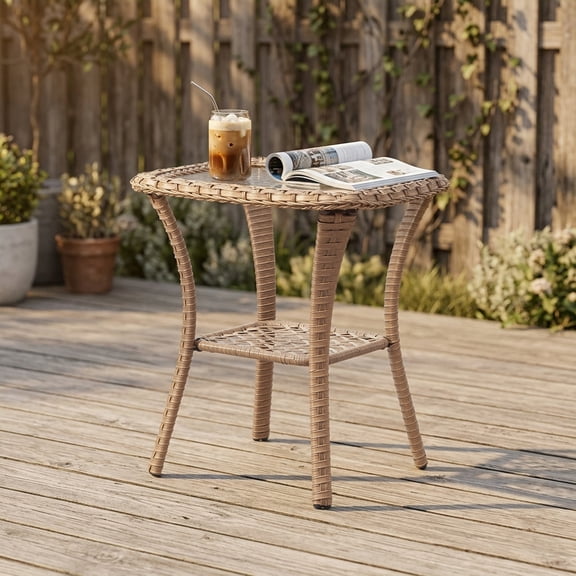 Giantfurnni Wicker Side Table, Square End Table with Temepred Glass Top & Storage