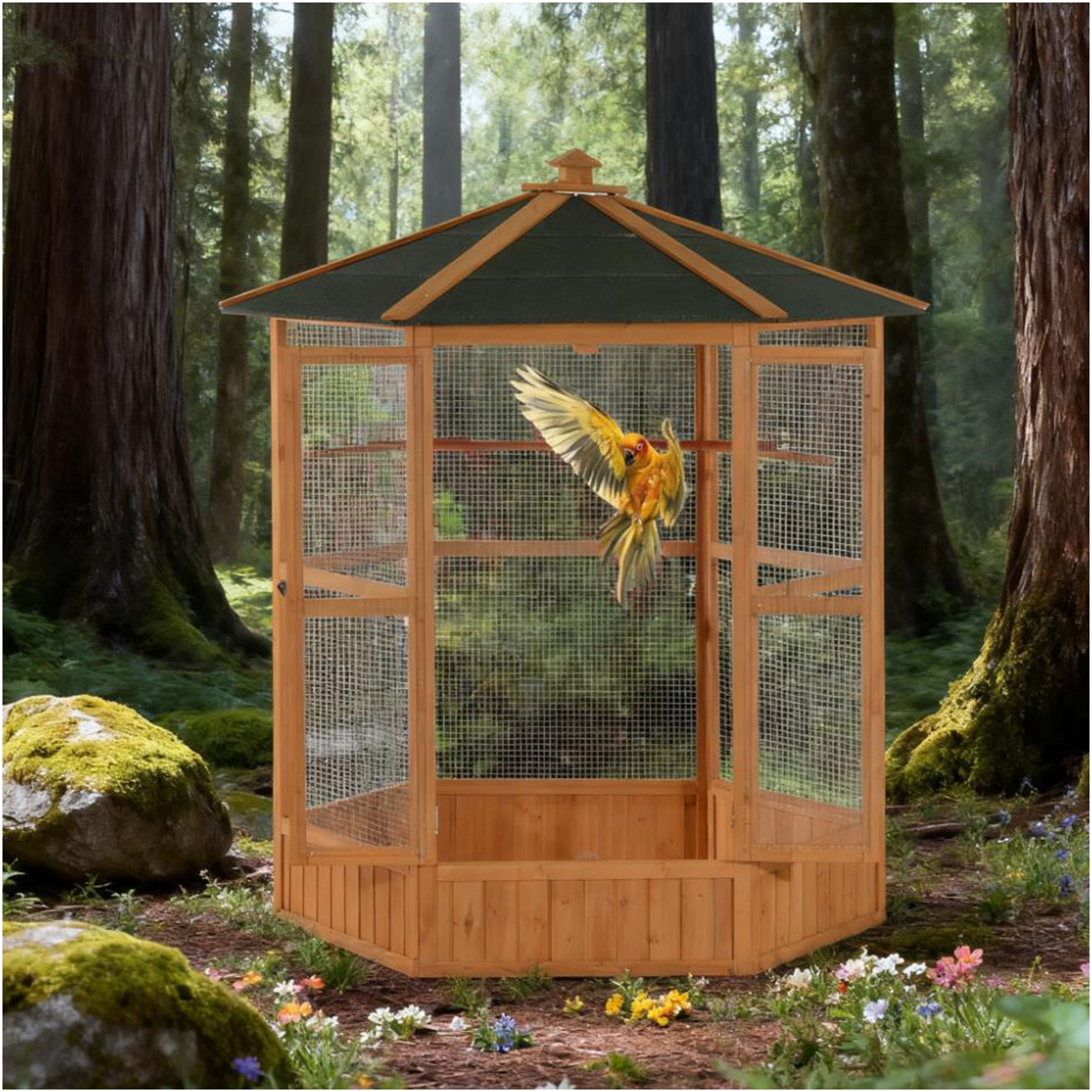 JERFIT 69" Large Hexagon Wooden Bird Cage Outdoor & Indoor Aviary with Lock, Waterproof Roof for Parakeets Finches Canaries