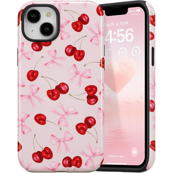 TEMOGU-Case for iPhone 13/iPhone 14, Cute Pink Bow Cherry Print Aesthetic Trendy Pattern for Women Girls Slim Durable Bumper Shockproof, Pink Ribbon/Glossy