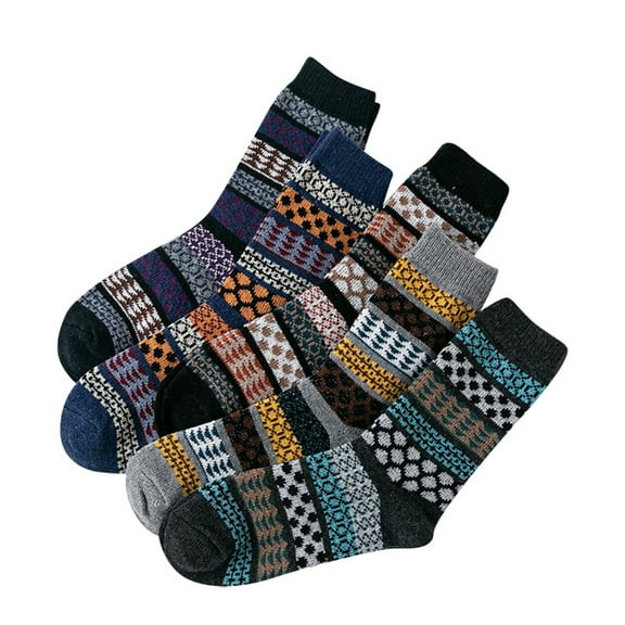 Bibifish Womens Socks 5 pairs Knit Mid Calf Socks Retro Double Layer Winter Warm Thick Thermal Crew Socks Breathable Colorful Stripe Socks For Ladies