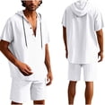 thumbnail image 1 of Conjunto de Pantalones Cortos para Hombre 2 Piezas Outfits Color Sólido Botón Cordón de Lino Camiseta con Capucha Y Pantalones Cortos de Playa, 1 of 9