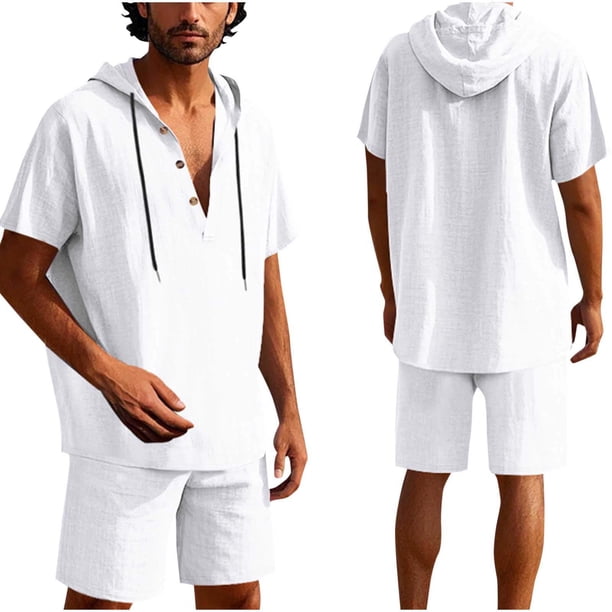 Conjunto de Pantalones Cortos para Hombre 2 Piezas Outfits Color Sólido Botón Cordón de Lino Camiseta con Capucha Y Pantalones Cortos de Playa