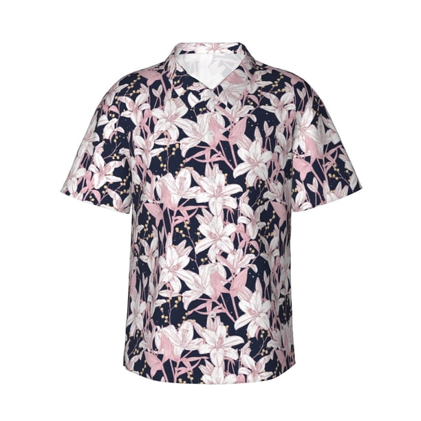 Balery Lilies Flowers Camisas hawaianas de manga corta para hombre, camisas playeras de corte holgado, camisas de vacaciones con botones,3X-Large