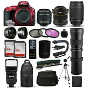 Nikon D5500 Red DSLR Digital Camera + 18-55mm VR II + 6.5mm Fisheye + 70-300mm VR + 420-1600mm Lens + Filters + 128GB Memory + Action Stabilizer + i-TTL Autofocus Flash + Backpack + Case + 70" Tripod