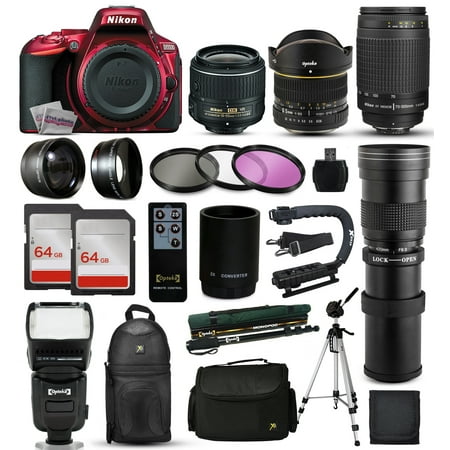 Nikon D5500 Red DSLR Digital Camera + 18-55mm VR II + 6.5mm Fisheye + 70-300mm VR + 420-1600mm Lens + Filters + 128GB Memory + Action Stabilizer + i-TTL Autofocus Flash + Backpack + Case + 70" Tripod