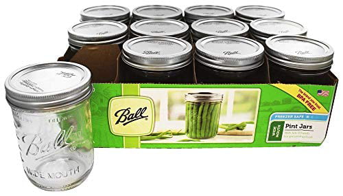 Ball, Glass Mason Jars with Lids & Bands, Wide Mouth, Clear, 16 oz, 12 Count