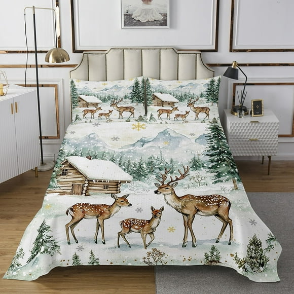 YST Christmas Cabin Deer Twin Quilt Set,Woodland Pine Tree Mountain Bedding Set Xmas Gifts for Kids Adults,Winter Snowflake Bedspread Set Elk Reindeer Quilts Bed Set 2Pcs