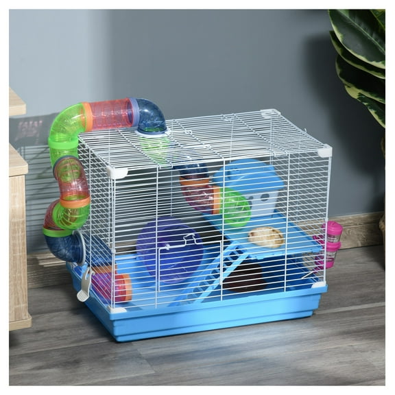 18" 2-Tier Hamster Cage with Wheel & Bottle - Small Animal Habitat for Mice, Gerbils - Blue Blue   Metal