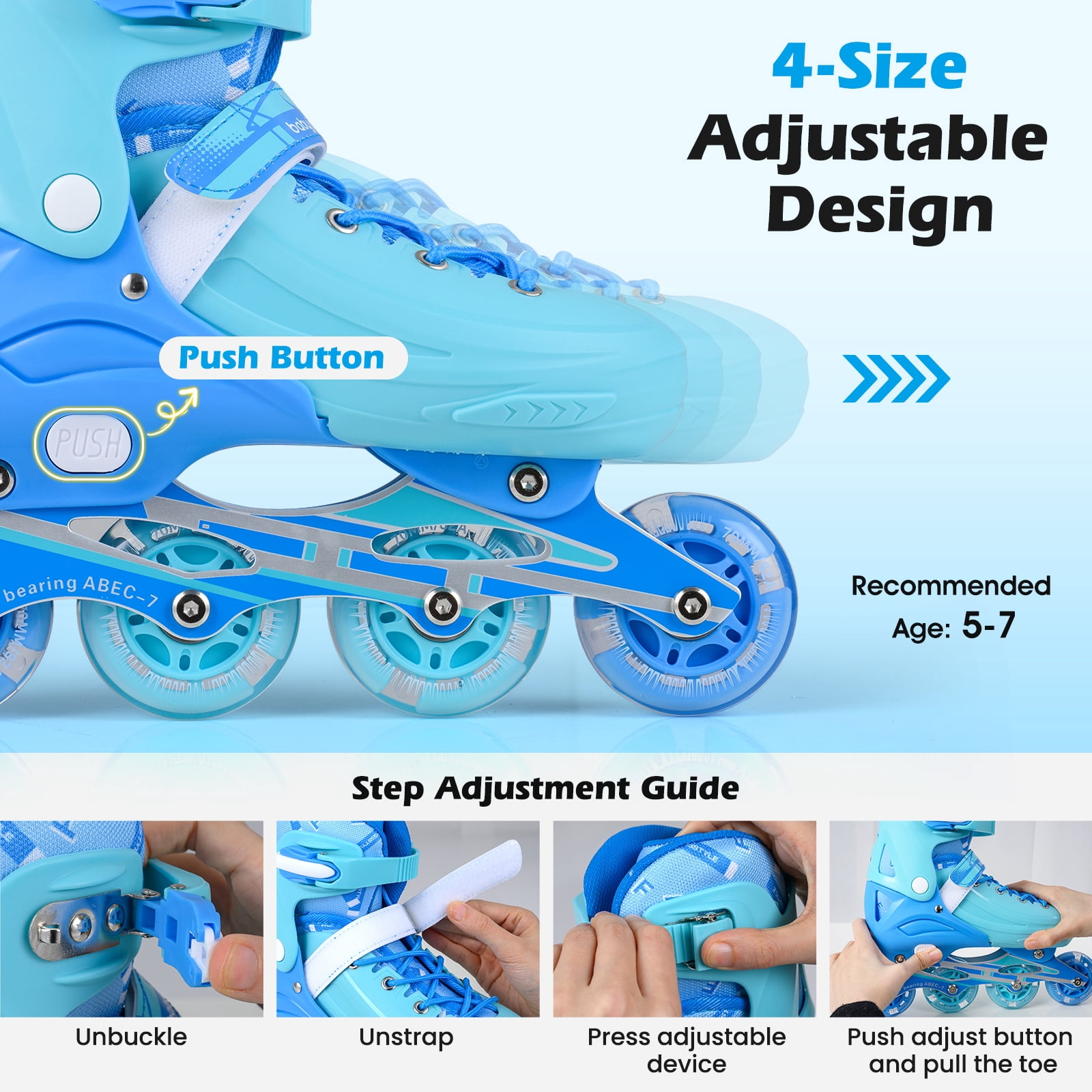 Babyjoy Kids Inline Skates, Adjustable Light-Up Roller Skates with Illuminating Wheels Blue