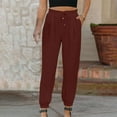 thumbnail image 2 of Summer Savings Clearance Pants ! Xihbxyly Womens Wide Leg Linen Pants, Women's Slim High Elastic Waist Solid Color Sports Cotton and Linen Pants Comfy Lounge Pants with Pockets Wine XL, 2 of 7
