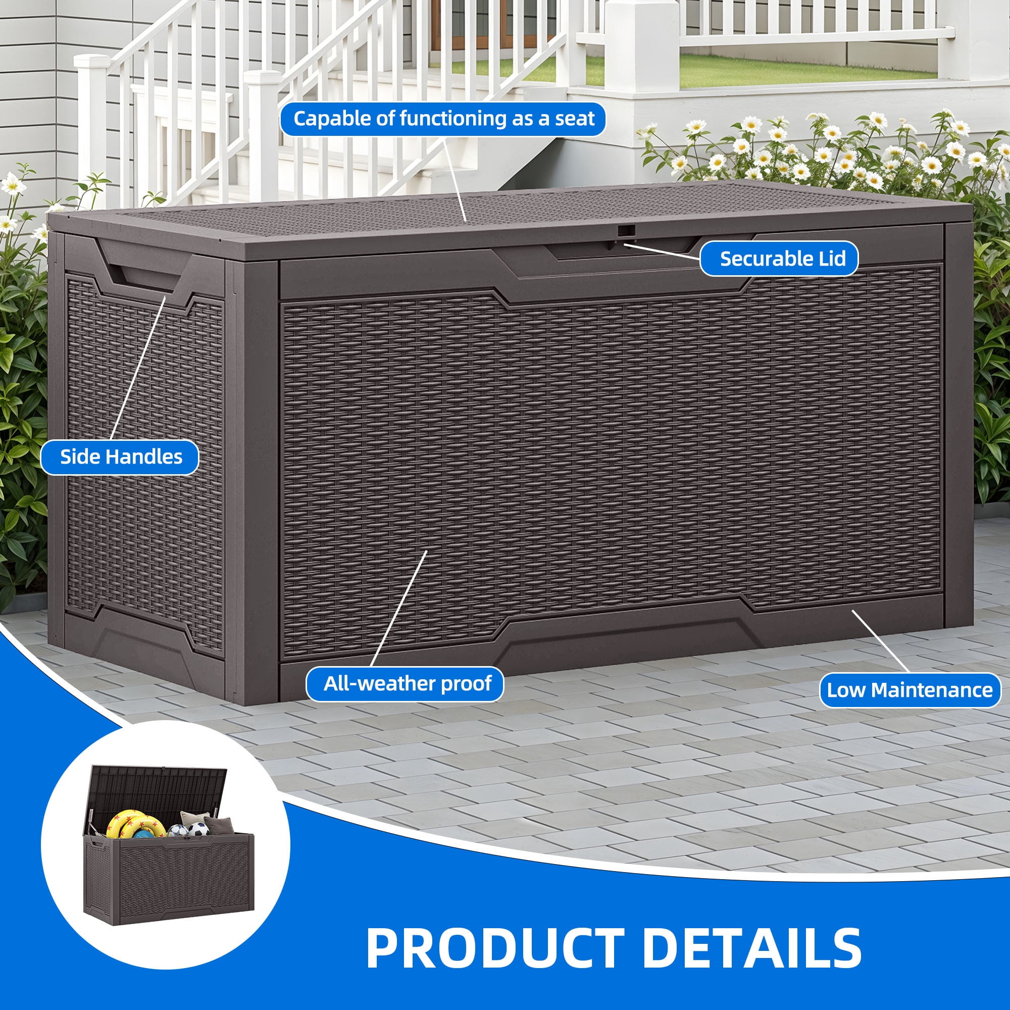 Dextrus 100 Gallon Large Resin Deck Box , Dark Brown Water Resistant Outdoor Storage Container, Lockable Organizer for Patio Cushions, Garden Tools, Pool Supplies & Indoor Outdoor Essentials