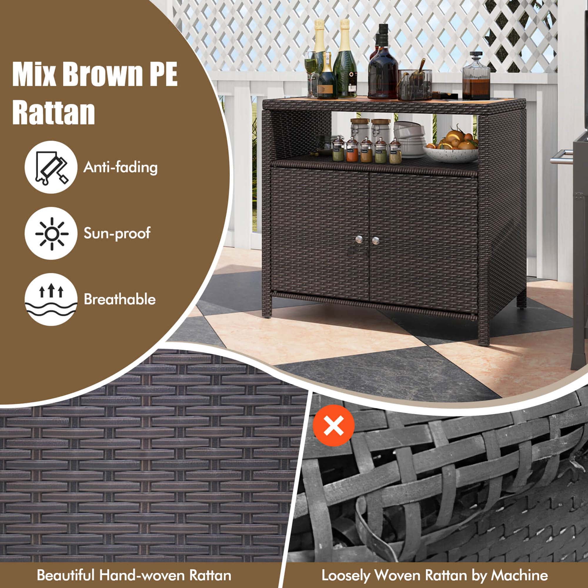 Costway Patio Rattan Storage Cabinet with Acacia Wood Countertop Open Shelf 2 Door Cabinet Mix Brown