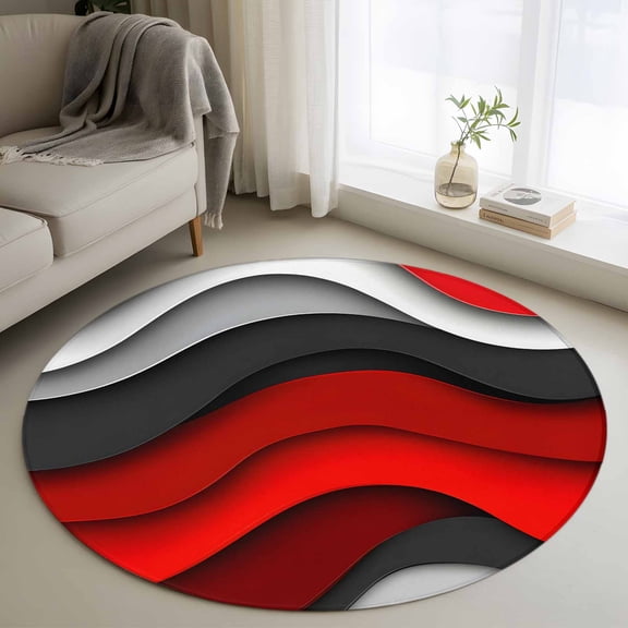 Round Rugs 3.3Ft, Red Grey Ombre Round Area Rug Washable Indoor Throw Carpet, Geometric Art Modern Moire Abstract Soft Non Slip Circle Rug for Laundry Room Patio Home Decor Aesthetic