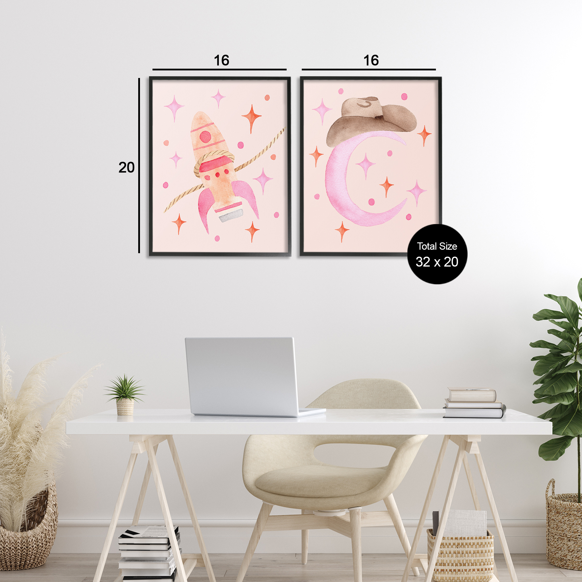 Space Cowgirl Rocket Ship 2 Piece Black Framed Giclee Art Set, design by Nina Jacobs