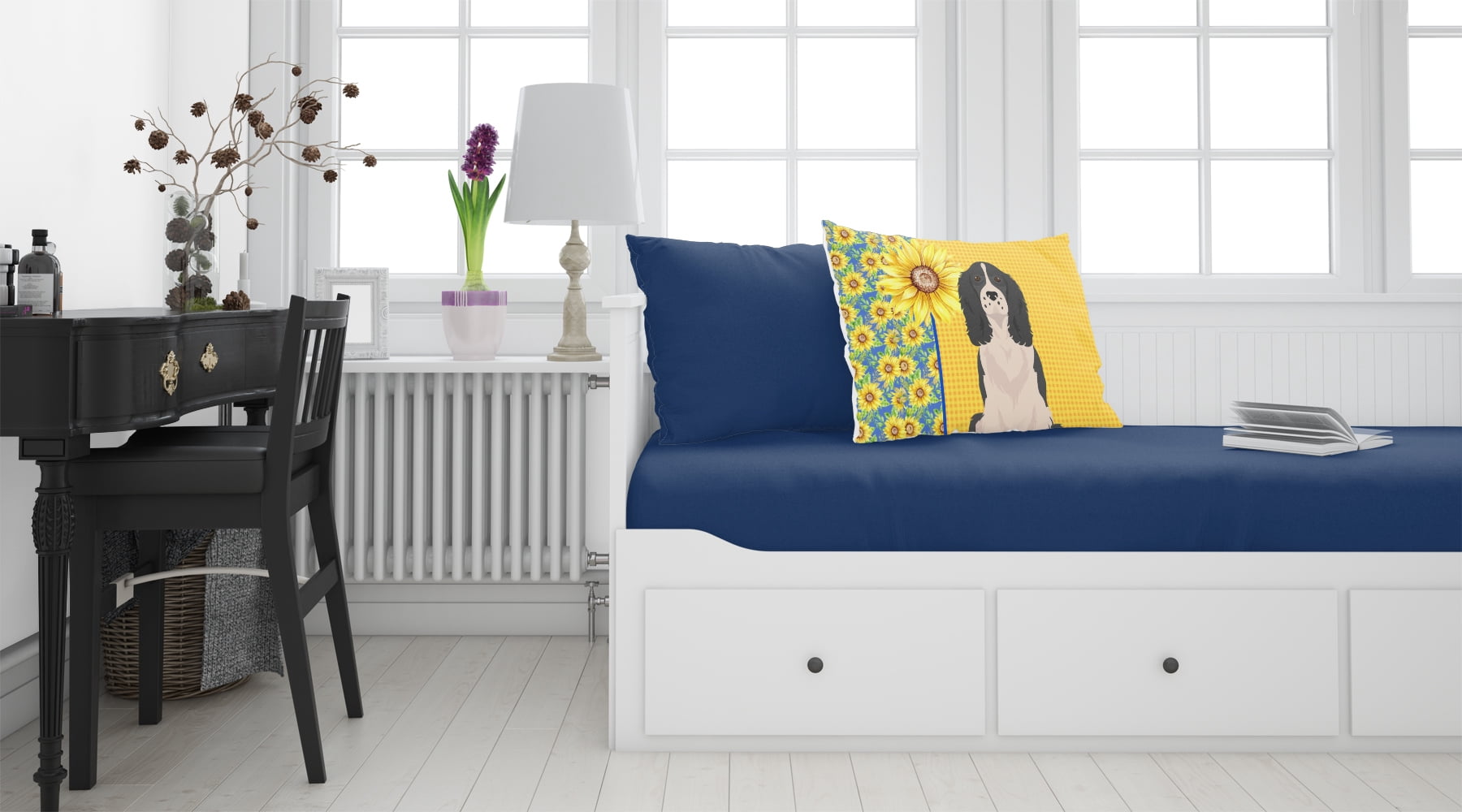Summer Sunflowers Black English Springer Spaniel Fabric Standard Pillowcase
