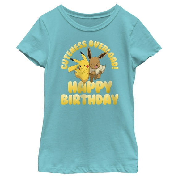 Girl's Pokemon Pikachu and Eevee Cuteness Overload Happy Birthday  Graphic Tee Tahiti Blue Small