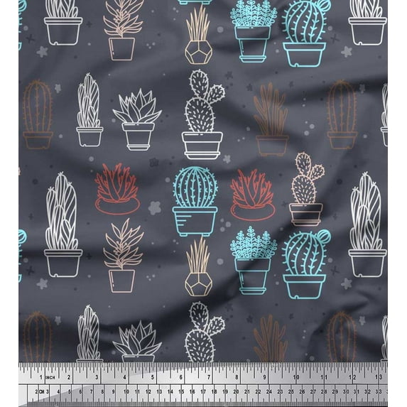 Soimoi Rayon Fabric Dot & Cactus Tree Print Fabric by The Yard 56 Inch Wide