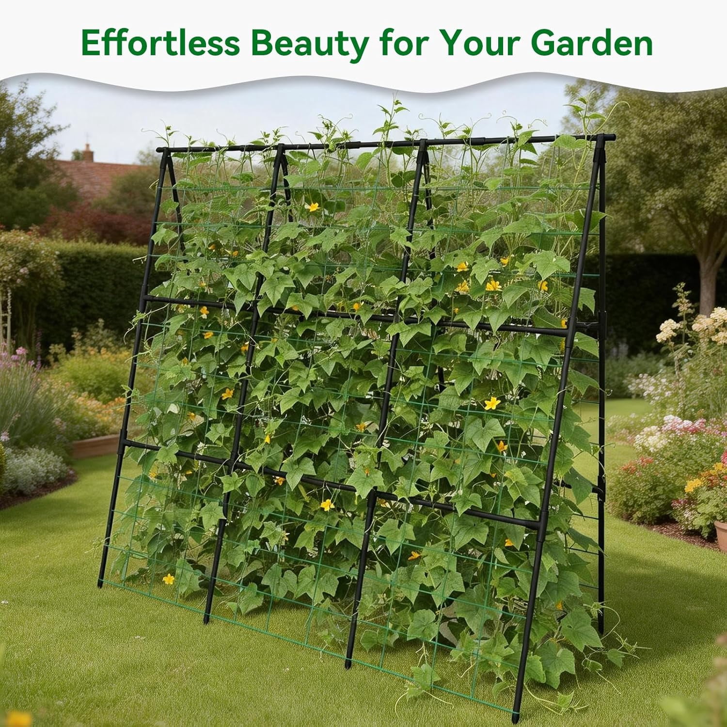Cucumber Trellis -Metal Garden Trellis for Climbing Plants, Garden Trellis with Plastic-Coated Steel Pipe, A Frame Trellis for Cucumbers, Peas, Morning Glories