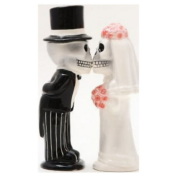 Wedding Skeleton Bride & Groom Ceramic Magnetic Salt and Pepper Shakers Set