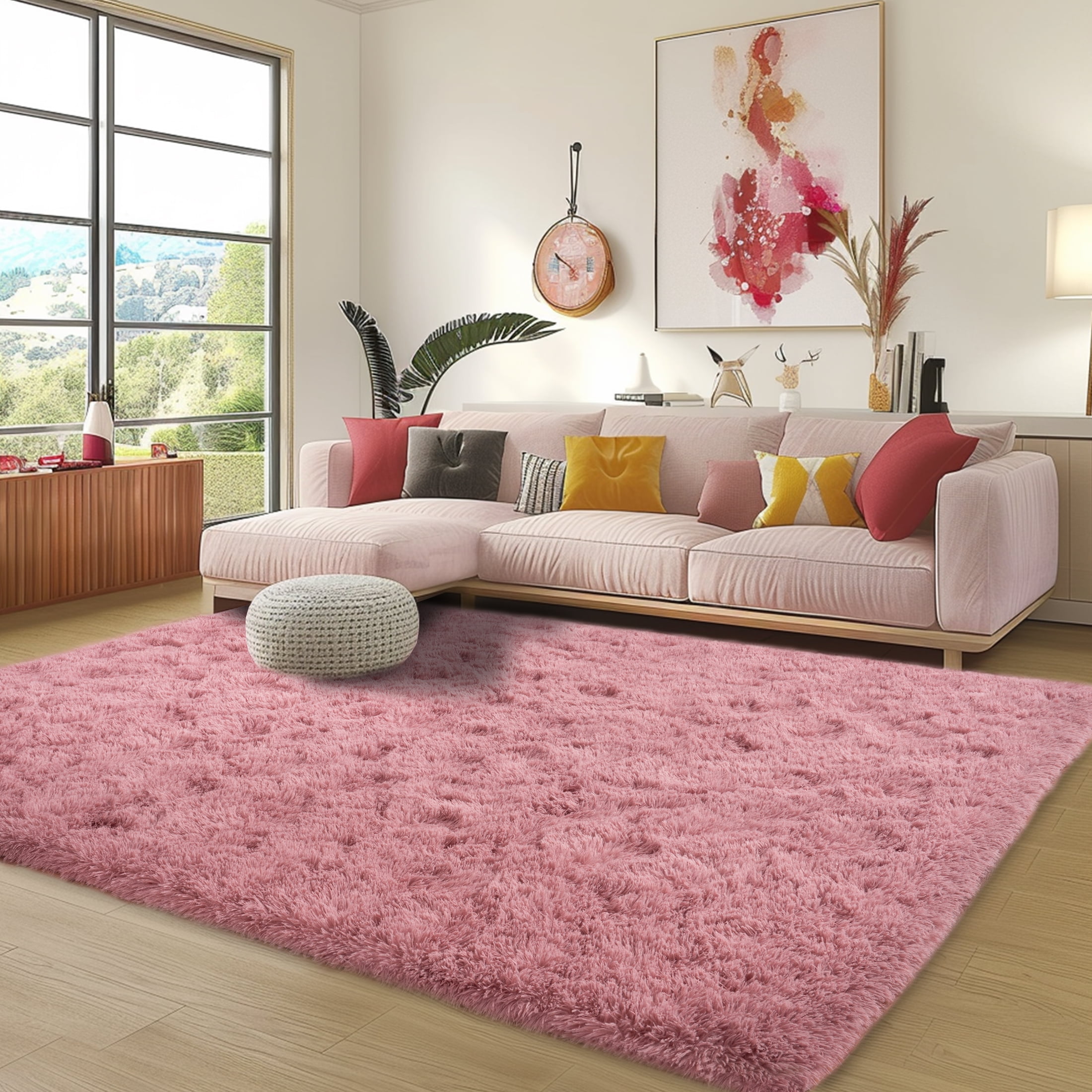 Socofuz 5x7ft Soft Pink Fluffy Rug for Living Room, Cute Shaggy Carpet for Kids Boys Girls Dorm Room Nursery Bedroom Home Decor