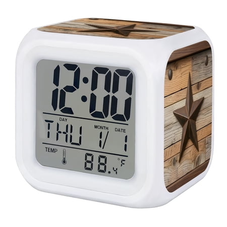 Vintage Star Western Digital Alarm Clock for Bedrooms, Smart LED Alarm Clock with 7 Color Changing Night Light, Farmhouse Wooden Vintage Silent Wake Up Clocks for Sleep Study Cooking 3.2x3.2