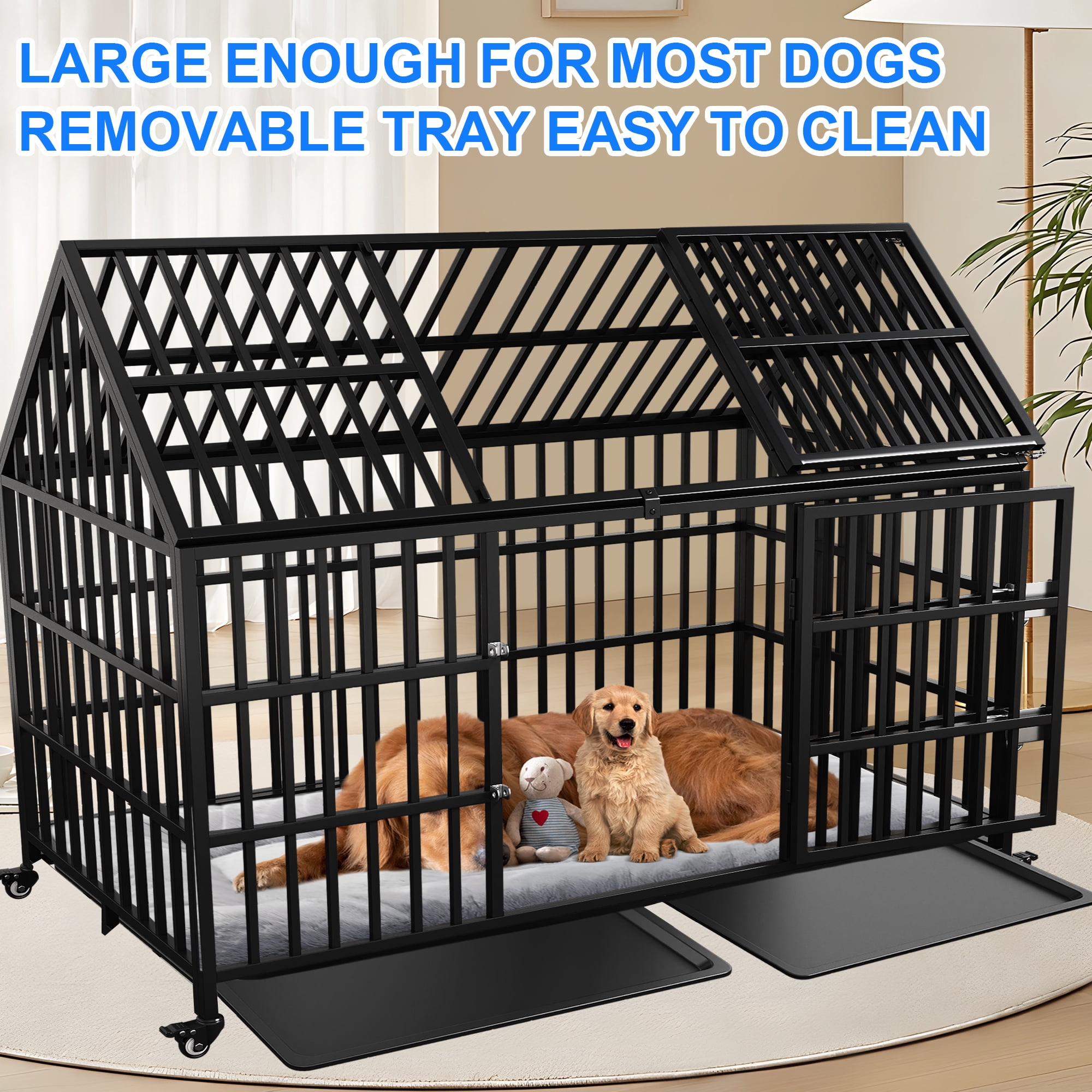 Heavy Duty Dog Crate 58 inch Indestructible Pet Dog Cage Crate Kennel with Roof Top 2 Doors Removable Trays, Lockable Wheels Escape-Proof for High Anxiety Large /Extra Large Dogs Breeds