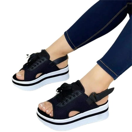 

Stamens Women Chunky Platform Sandals Tie-up Upper PU Shoes Hook & Loop Heel Strap Heightening Peep Toes Size 35-43 Creative Sneakers Design Ladies Foot Wear(38 Black)