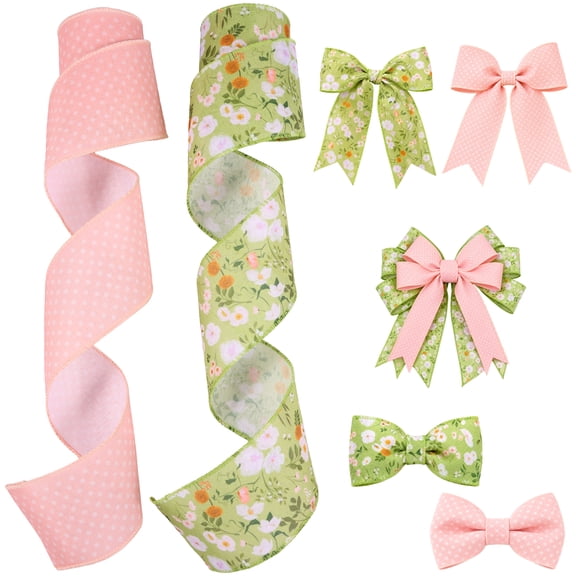 2-Pack Wildflower Wired Edge Ribbon, 5 Yards Each – Retro Wild Floral Butterfly Pattern, Decorative Craft Ribbon for Wreath & Bow Decoration