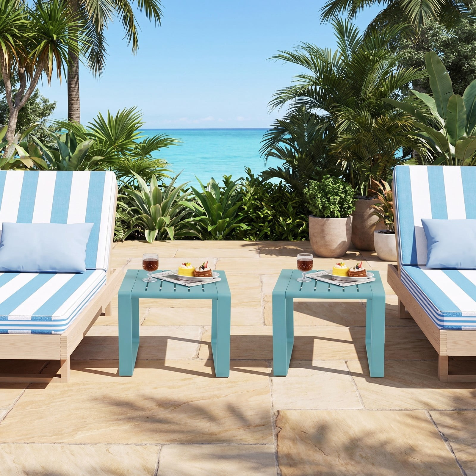 Furnibear Set of 2 Weather Resistant Slatted PP Outdoor Adirondack Side Tables for the Patio Deck Porch and Poolside, Blue