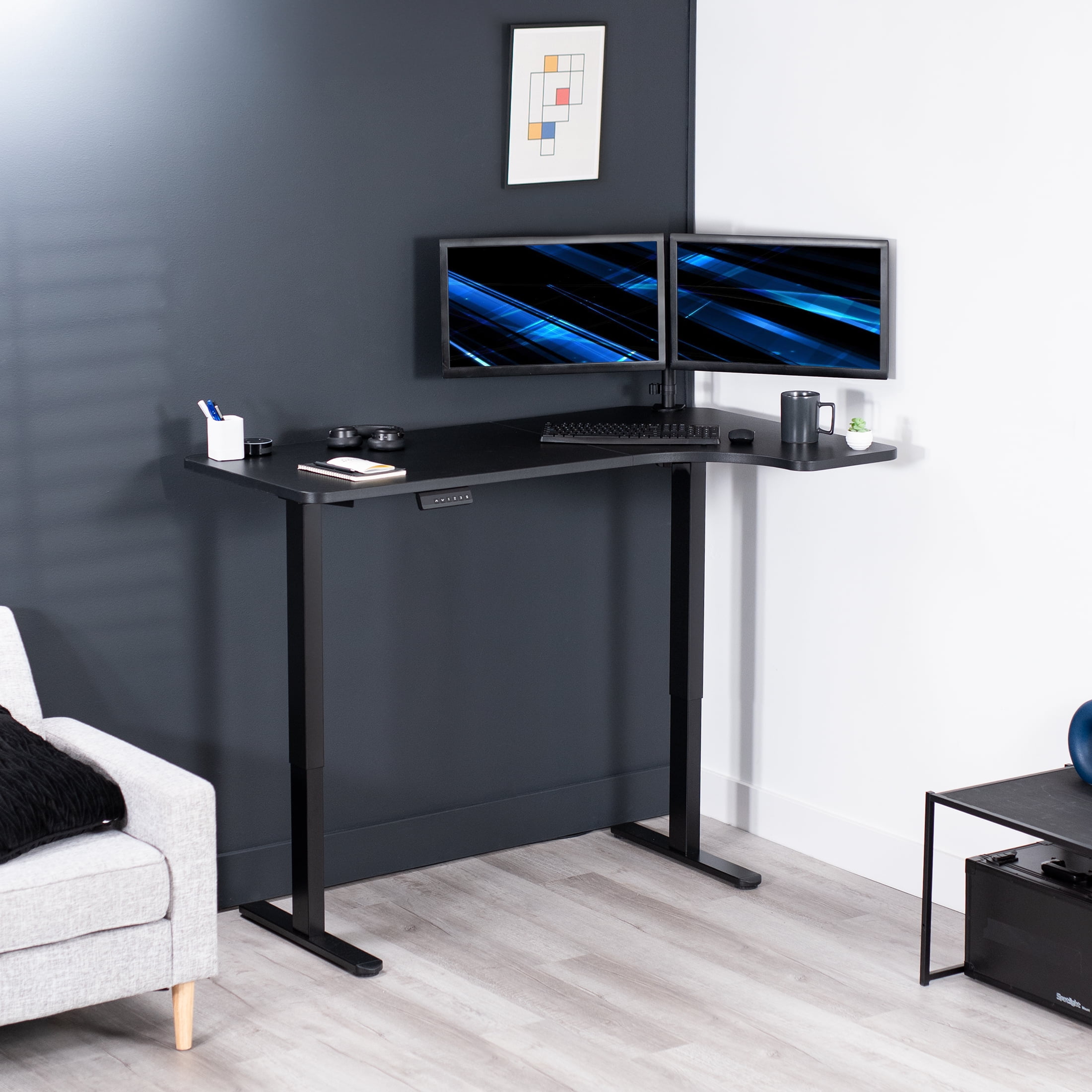 VIVO Electric 58" x 35" Dual Motor Standing Corner Desk, Black Top, Black Frame
