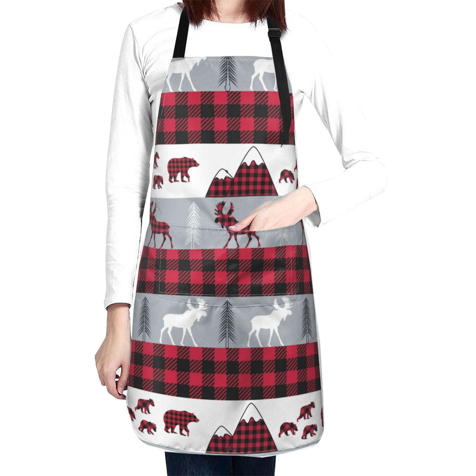 Kdxio Buffalo Plaid Forest Apron with Pockets Adjustable Kitchen Aprons for Men Women Waterproof Aprons for Cooking,Drawing,Crafting, Baking Household Cleaning