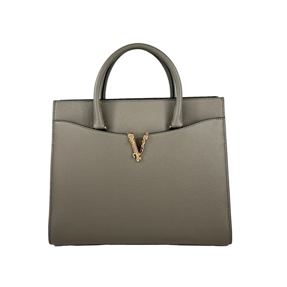 Versace Virtus Large Leather Top Handle Satchel Bag Tote Gray
