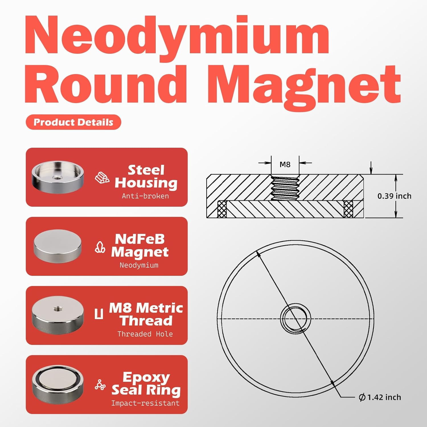 120-pound 4 packs of powerful neodymium iron boron round magnets with 8 internal threads, strong magnetic force removable installation for lighting, tools, equipment with bolts