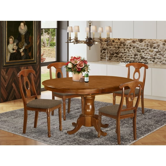Modern 5 Piece Dining Set - Oval Table with Leaf & 4 Dining Chairs - Saddle Brown
