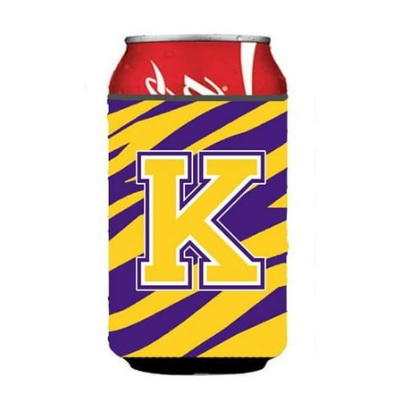 monogram - tiger stripe - purple gold can or bottle beverage insulator initial k