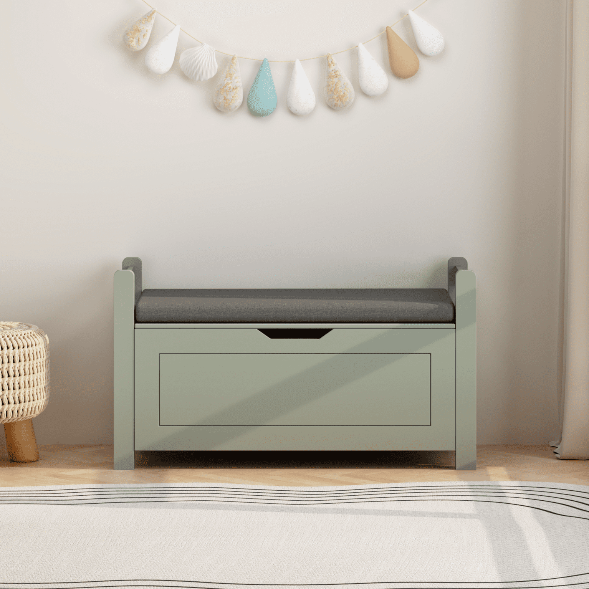 MDF Toy Box with Cushion Seat Flip-Top Safety Hinge 35 Inch Kids Storage Organizer