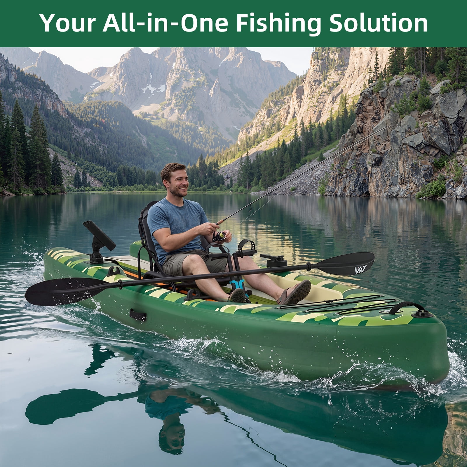 Bezliving Inflatable Kayak with Pedal System, 12ft Premium PVC Fishing Kayak, with Aluminum Seat, Rudder System, Motor Mounting Board, and Accessories Included, Green & Camouflage