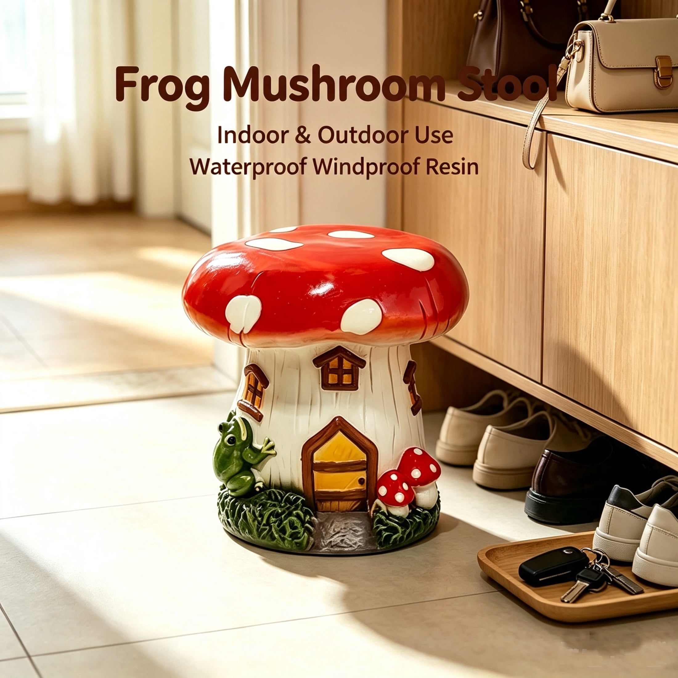 Noble House Mushroom House Stool, Fairy Forest Base Decor, Outdoor Creative Figurine Seat for Patio, Garden, Multicolor