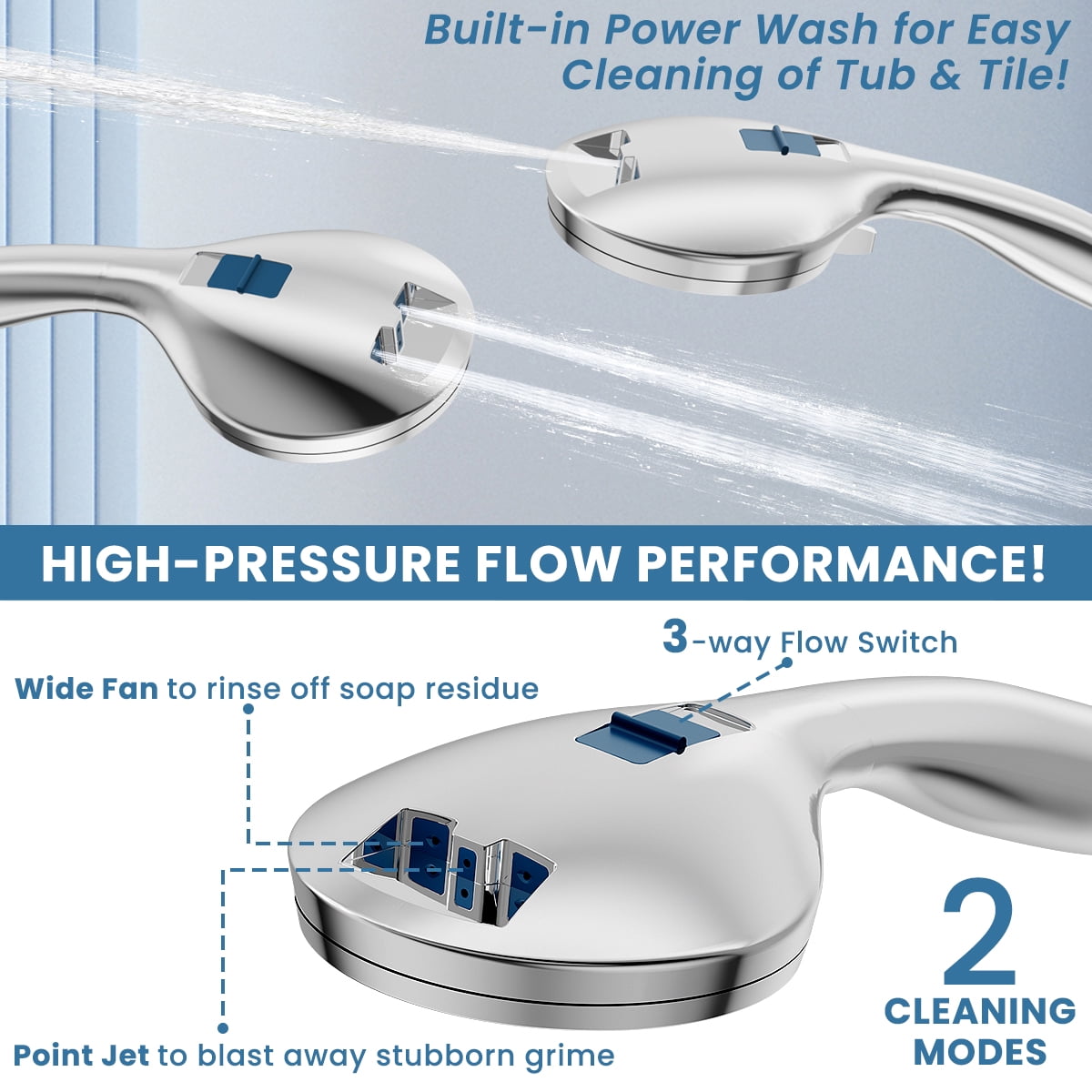 Shower Head with Handheld, 7 Spray Settings High Pressure Handheld Shower Head with 59" Stainless Steel Hose and Adjustable Bracket, Built-in Power Spray to Clean Corner, Tub, Tile and Pets, Chrome