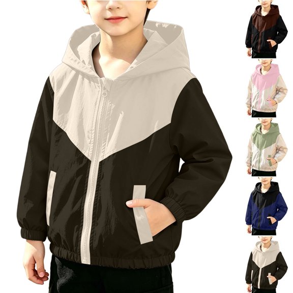 MexChoioe Kids Zip Up Hooded Outerwear Color‑Blocked Windbreaker Jacket Long Sleeve with Pockets Breathable Fall Travel Everyday Coat for Boys