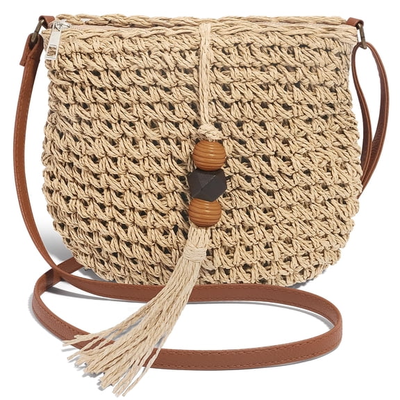 Handwoven Straw Bag for Women Vacation, Boho Beach Purse for Summer Wicker Crossbody Purse with Tassels Rattan Woven Bag, Beige
