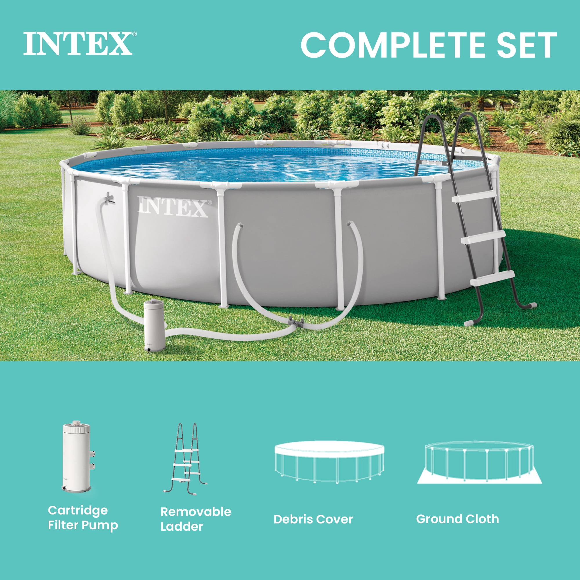 INTEX 26723EP Prism Frame 15'x42" Above Ground Pool w/ Pump, Ladder, Cover, Ground Cloth