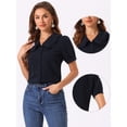 thumbnail image 2 of DARING DIVA Women's Peter Pan Collar Puff Short Sleeve Button Chambray Shirt M Navy Blue, 2 of 6